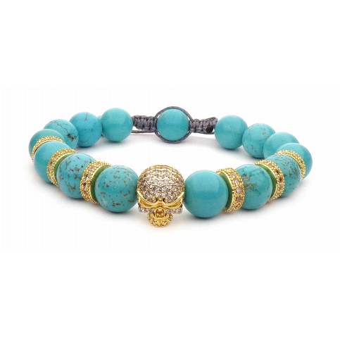 bracelet tete de mort or jaune et turquoise bleu shamballa