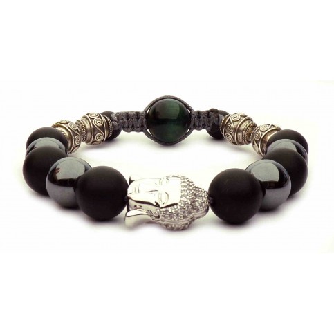 bracelet cordon et perles Bouddha argent