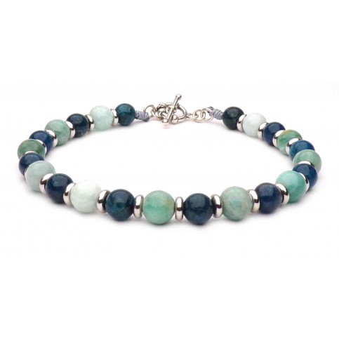 bracelet perles vertes et bleu fermoir en t argent