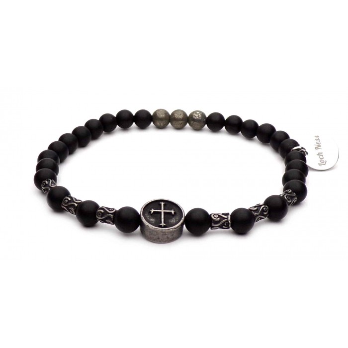 bracelet croix acier perles noir onyx