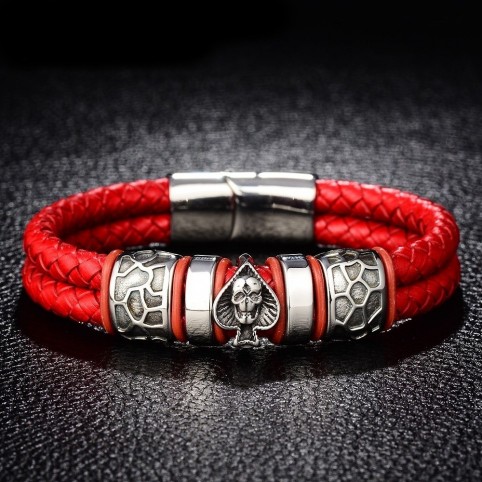bracelet cuir rouge et crane argent