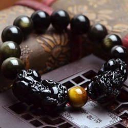 Bracelet feng shui avec deux pixiu et perles en obsidienne noir